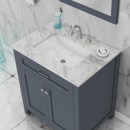 Alya Bath Norwalk 30" Single Gray Freestanding  Bathroom Vanity With Carrara Marble Top, C - HE-101-30-G-CWMT + HE-101/102-30-G-Meramic Sink and Wall Mounted Mirror