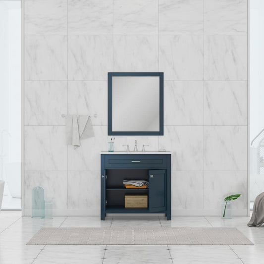 Alya Bath Norwalk 36" Single Blue Freestanding  Bathroom Vanity With Carrara Marble Top, Ceramic Sink and Wall Mounted Mirror - HE-101-36-B-CWMT + HE-101/102-36-B-M