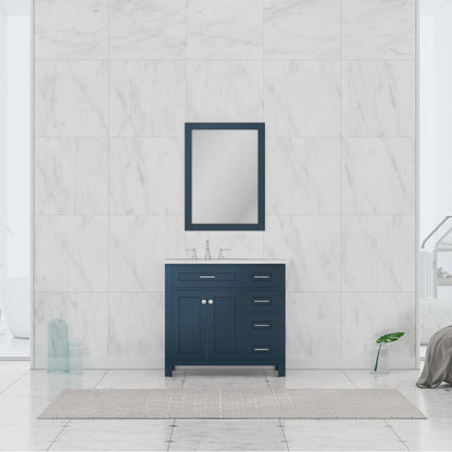 Alya Bath Norwalk 36" Single Blue Freestanding Bathroom Vanity With Drawers, Carrara Marble Top and Ceramic Sink and Wall Mounted Mirror - HE-101-36-DR-B-CWMT + HE-101/102-36-B-M