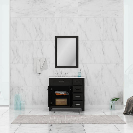 Alya Bath Norwalk 36" Single Espresso Freestanding  Bathroom Vanity With Drawers, Carrara Marble Top, Ceramic Sink and Wall Mounted Mirror - HE-101-36-DR-E-CWMT + HE-101/102-36-G-M