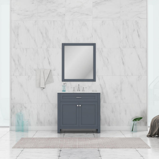Alya Bath Norwalk 36" Single Gray Freestanding  Bathroom Vanity With Carrara Marble Top, Ceramic Sink and Wall Mounted Mirror - HE-101-36-G-CWMT + HE-101/102-36-G-M