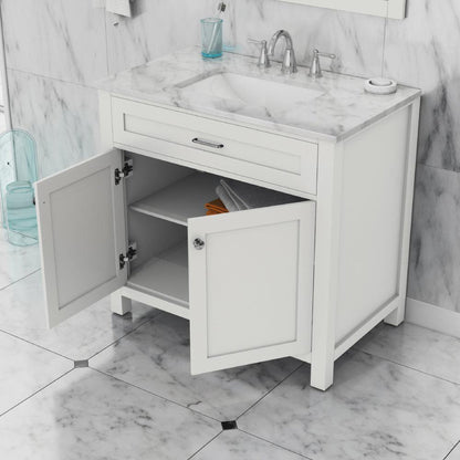Alya Bath Norwalk 36" Single White Freestanding &nbsp;Bathroom Vanity With Carrara Marble Top, &nbsp;- HE-101-36-W-CWMT + HE-101/102-36-W-MCeramic Sink and Wall Mounted Mirror - HE-101-36-W-CWMT + HE-101/102-36-W-M