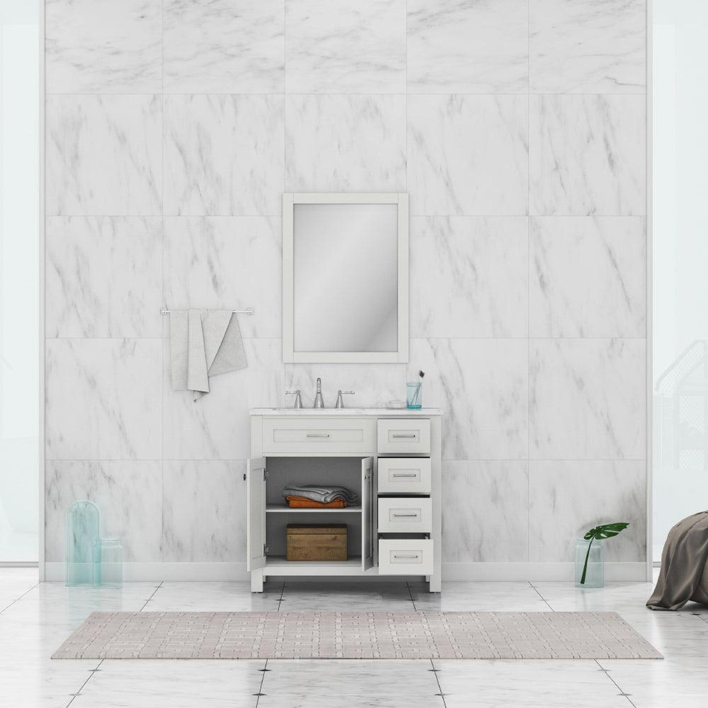Alya Bath Norwalk 36" Single White Freestanding  Bathroom Vanity With Drawers, Carrara Marble Top and Ceramic Sink and Wall Mounted Mirror - HE-101-36-DR-W-CWMT + HE-101/102-36-W-M