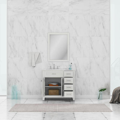 Alya Bath Norwalk 36" Single White Freestanding  Bathroom Vanity With Drawers, Carrara Marble Top and Ceramic Sink and Wall Mounted Mirror - HE-101-36-DR-W-CWMT + HE-101/102-36-W-M