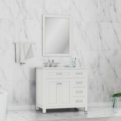 Alya Bath Norwalk 36" Single White Freestanding  Bathroom Vanity With Drawers, Carrara Marble Top and Ceramic Sink and Wall Mounted Mirror - HE-101-36-DR-W-CWMT + HE-101/102-36-W-M