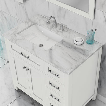 Alya Bath Norwalk 36" Single White Freestanding  Bathroom Vanity With Drawers, Carrara Marble Top and Ceramic Sink and Wall Mounted Mirror - HE-101-36-DR-W-CWMT + HE-101/102-36-W-M