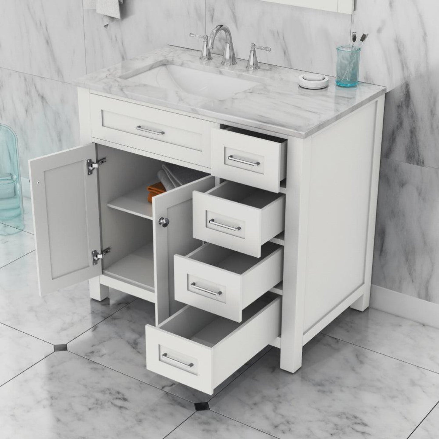 Alya Bath Norwalk 36" Single White Freestanding  Bathroom Vanity With Drawers, Carrara Marble Top and Ceramic Sink and Wall Mounted Mirror - HE-101-36-DR-W-CWMT + HE-101/102-36-W-M