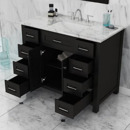 Alya Bath Norwalk 42" Single Espresso Freestanding  Bathroom Vanity With Carrara Marble Top, Ceramic Sink and Wall Mounted Mirror - HE-101-42-E-CWMT + HE-101/102-42-E-M