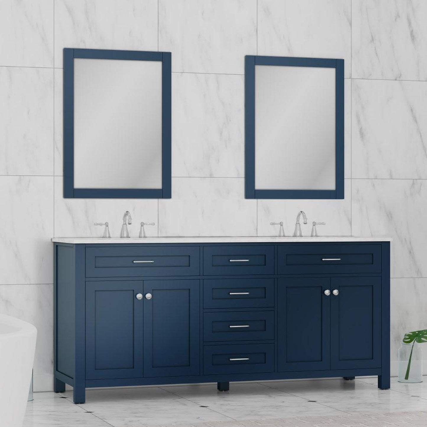 Alya Bath Norwalk 72" Double Blue Freestanding Bathroom Vanity With Carrara Marble Top, Ceramic Sink and Two Mirrors - HE-101-72D-B-CWMT + 2x HE-101/102-30-B-M