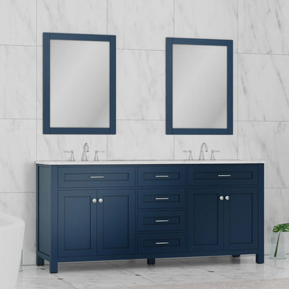 Alya Bath Norwalk 72" Double Blue Freestanding Bathroom Vanity With Carrara Marble Top, Ceramic Sink and Two Mirrors - HE-101-72D-B-CWMT + 2x HE-101/102-30-B-M