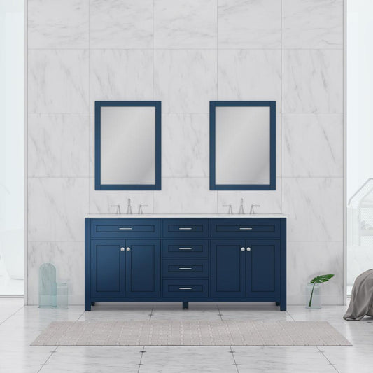 Alya Bath Norwalk 72" Double Blue Freestanding Bathroom Vanity With Carrara Marble Top, Ceramic Sink and Two Mirrors - HE-101-72D-B-CWMT + 2x HE-101/102-30-B-M