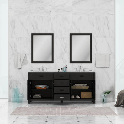 Alya Bath Norwalk 72" Double Espresso Freestanding  Bathroom Vanity With Carrara Marble Top, Ceramic Sink and Two Mirrors - HE-101-72D-E-CWMT + 2x HE-101/102-30-E-M