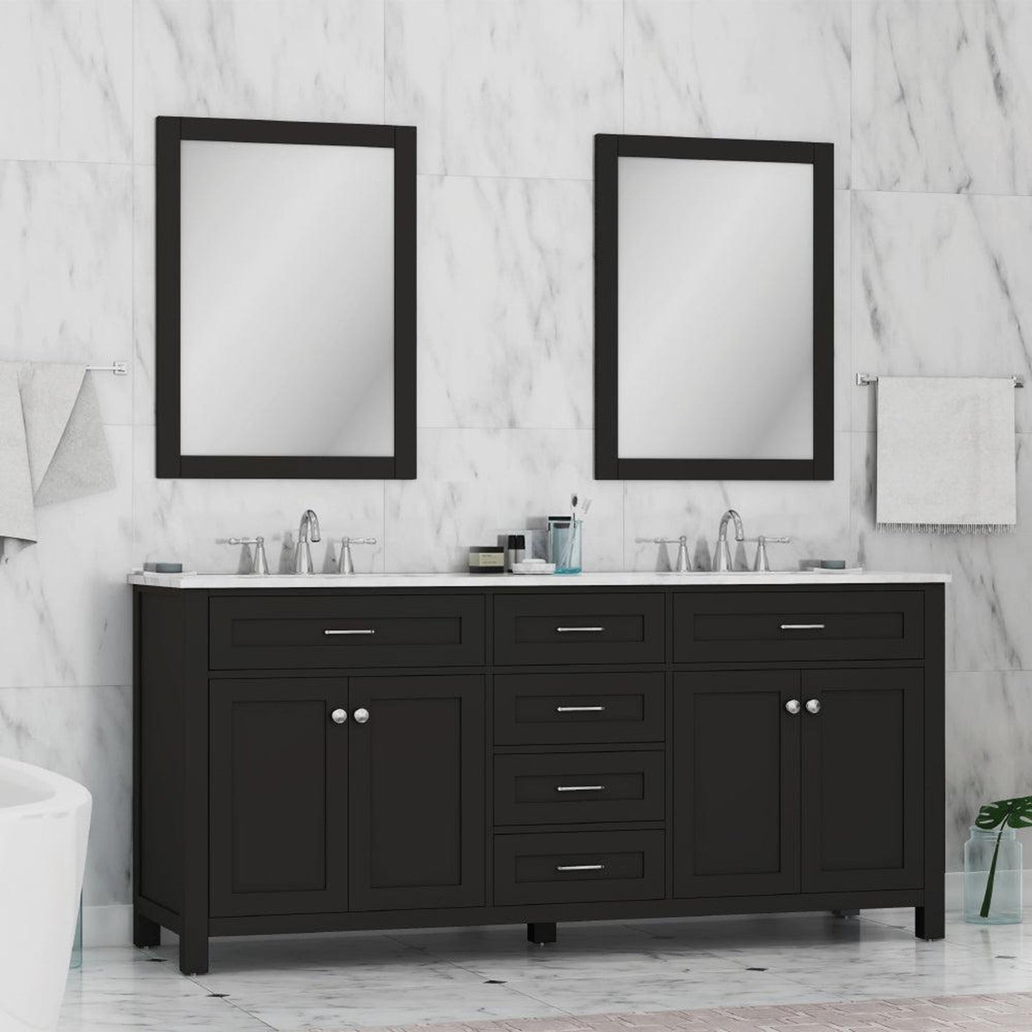Alya Bath Norwalk 72" Double Espresso Freestanding  Bathroom Vanity With Carrara Marble Top, Ceramic Sink and Two Mirrors - HE-101-72D-E-CWMT + 2x HE-101/102-30-E-M