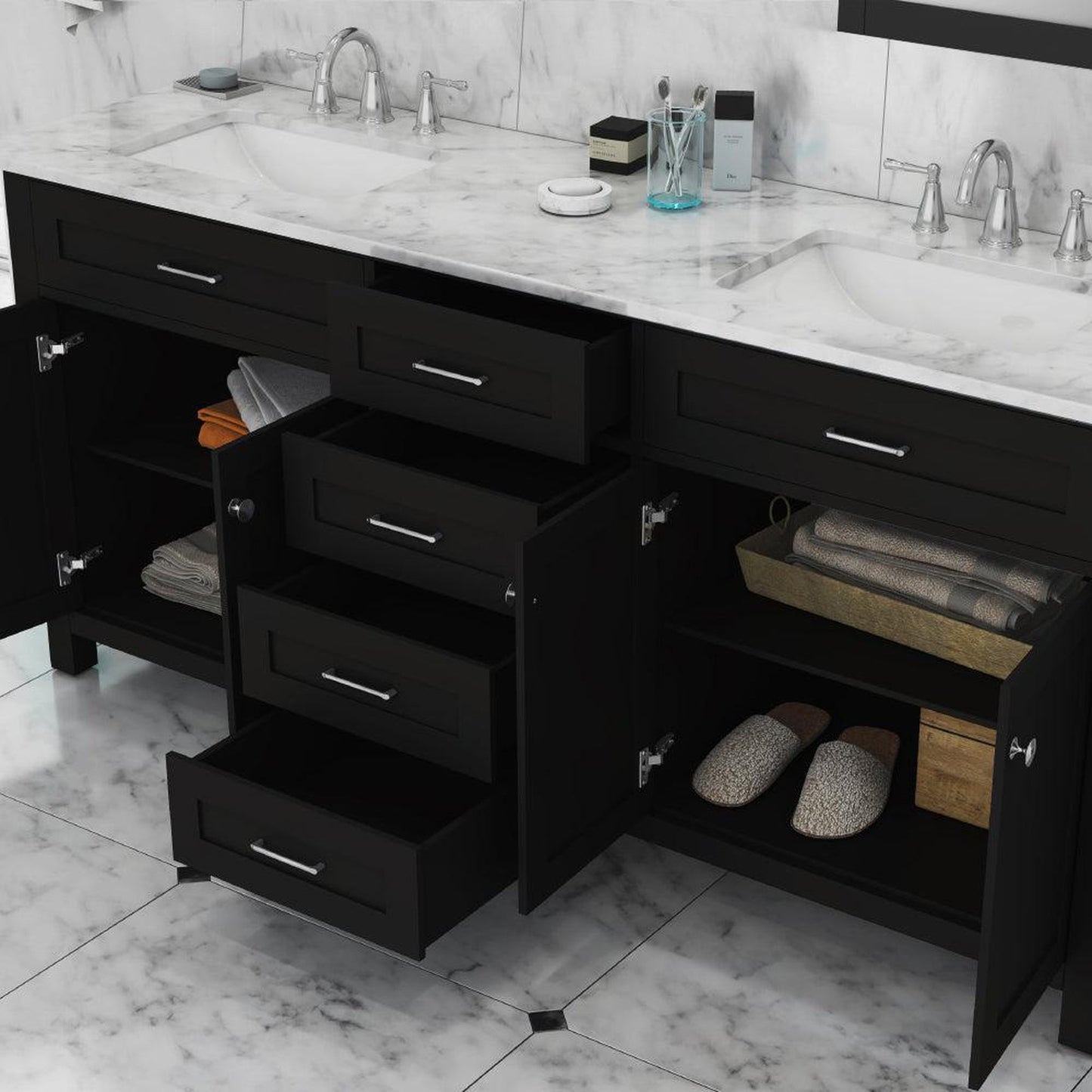 Alya Bath Norwalk 72" Double Espresso Freestanding  Bathroom Vanity With Carrara Marble Top, Ceramic Sink and Two Mirrors - HE-101-72D-E-CWMT + 2x HE-101/102-30-E-M