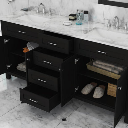 Alya Bath Norwalk 72" Double Espresso Freestanding  Bathroom Vanity With Carrara Marble Top, Ceramic Sink and Two Mirrors - HE-101-72D-E-CWMT + 2x HE-101/102-30-E-M