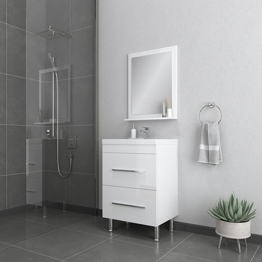 Alya Bath Ripley 24" Single White Modern Freestanding Single Bathroom Vanity With Integrated Acrylic Top, Acrylic Sink and Wall Mounted Mirror - AT-8080-W+AT-24-M-W