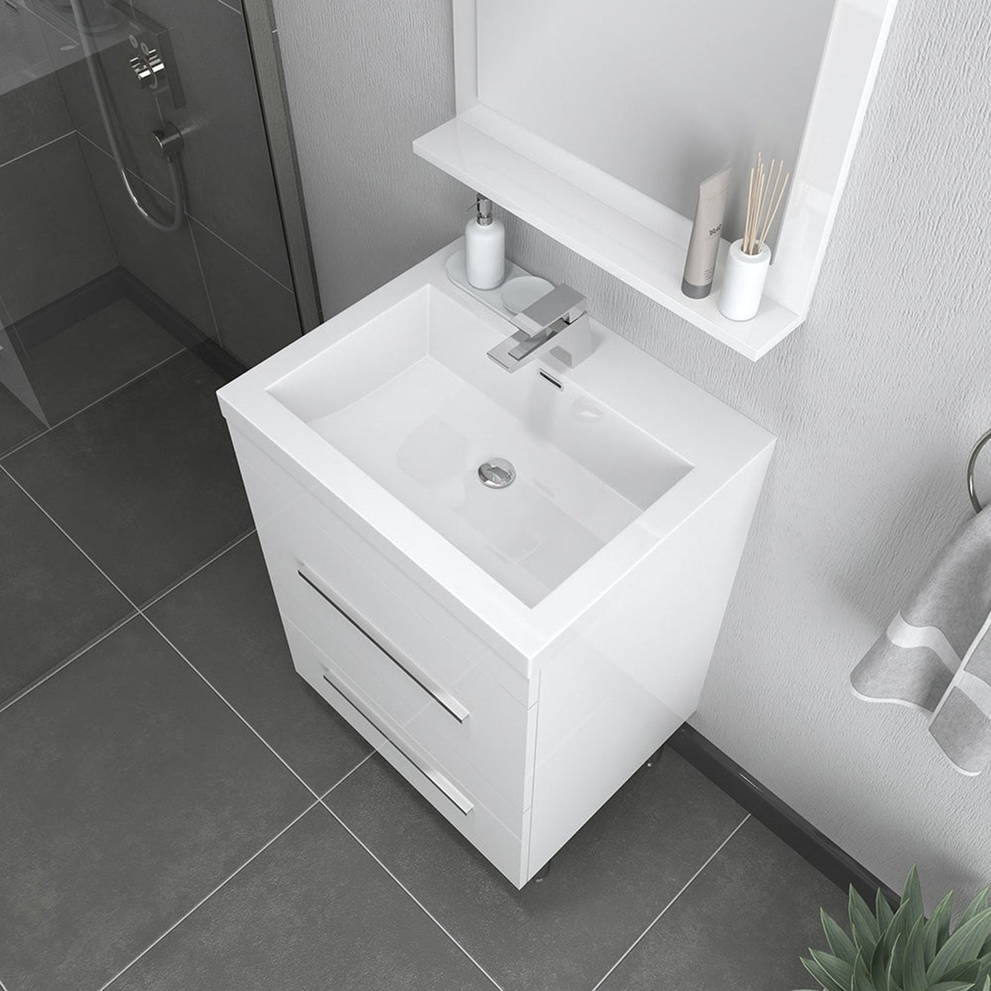 Alya Bath Ripley 24" Single White Modern Freestanding Single Bathroom Vanity With Integrated Acrylic Top, Acrylic Sink and Wall Mounted Mirror - AT-8080-W+AT-24-M-W