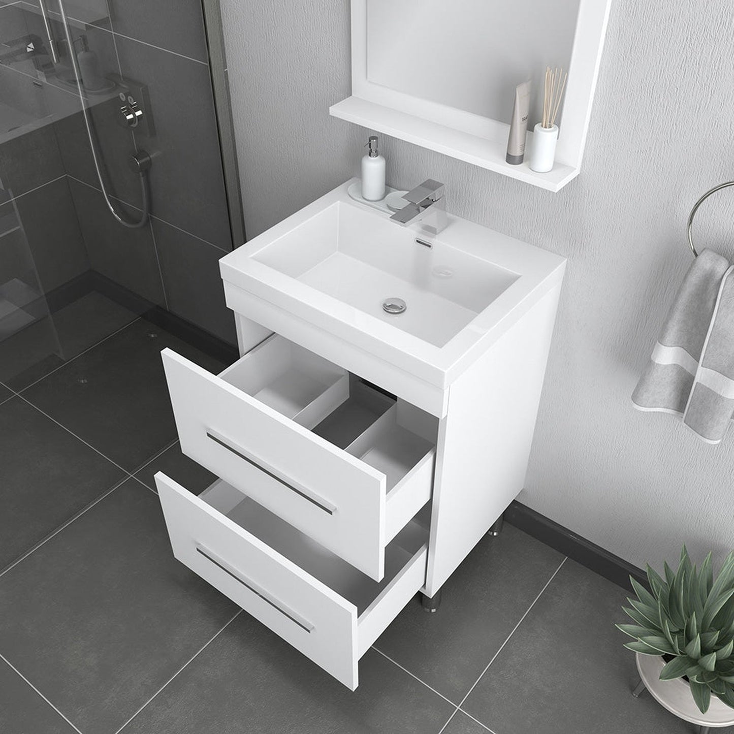 Alya Bath Ripley 24" Single White Modern Freestanding Single Bathroom Vanity With Integrated Acrylic Top, Acrylic Sink and Wall Mounted Mirror - AT-8080-W+AT-24-M-W