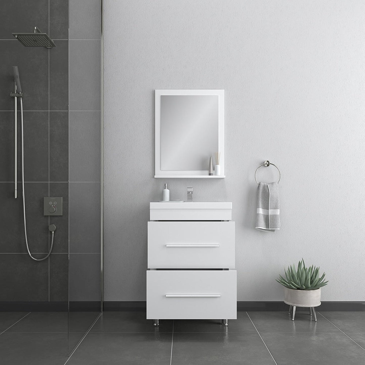 Alya Bath Ripley 24" Single White Modern Freestanding Single Bathroom Vanity With Integrated Acrylic Top, Acrylic Sink and Wall Mounted Mirror - AT-8080-W+AT-24-M-W