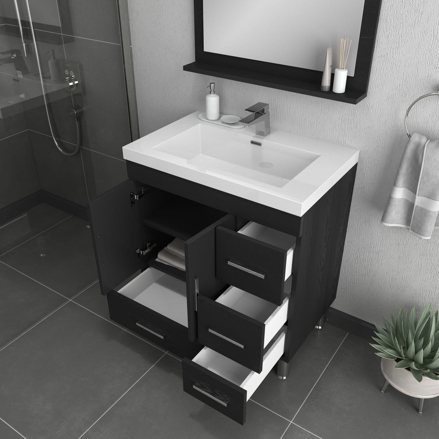 Alya Bath Ripley  30" Single Black Modern Freestanding  Bathroom Vanity With drawers, Integrated Acrylic Top, Acrylic Sink and Wall Mounted Mirror - AT-8050-B+AT-30-M-B