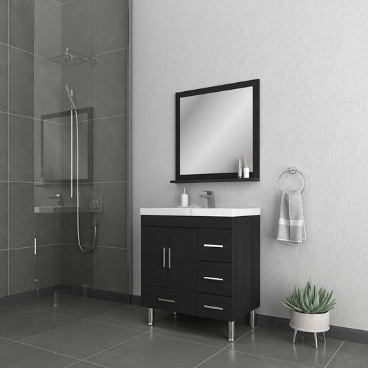 Alya Bath Ripley  30" Single Black Modern Freestanding  Bathroom Vanity With drawers, Integrated Acrylic Top, Acrylic Sink and Wall Mounted Mirror - AT-8050-B+AT-30-M-B