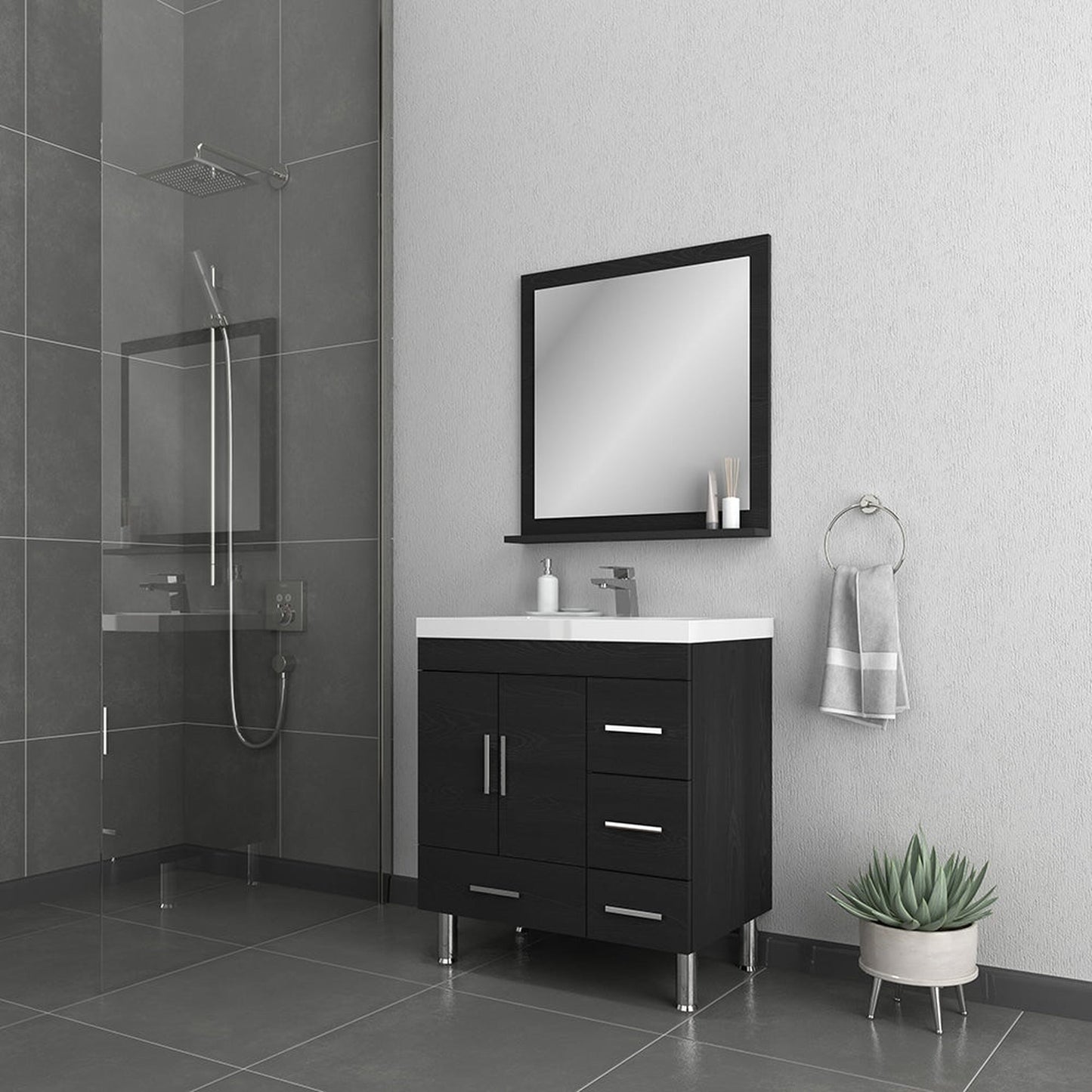 Alya Bath Ripley  30" Single Black Modern Freestanding  Bathroom Vanity With drawers, Integrated Acrylic Top, Acrylic Sink and Wall Mounted Mirror - AT-8050-B+AT-30-M-B