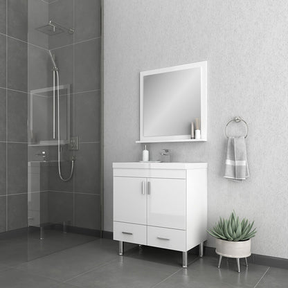 Alya Bath Ripley  30" Single White Modern Freestanding  Bathroom Vanity With Integrated Acrylic Top, Acrylic Sink and Wall Mounted Mirror - AT-8085-W+AT-30-M-W