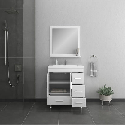Alya Bath Ripley  30" Single White Modern Freestanding  Bathroom Vanity With drawers, Integrated Acrylic Top, Acrylic Sink and Wall Mounted Mirror - AT-8050-W+AT-30-M-W