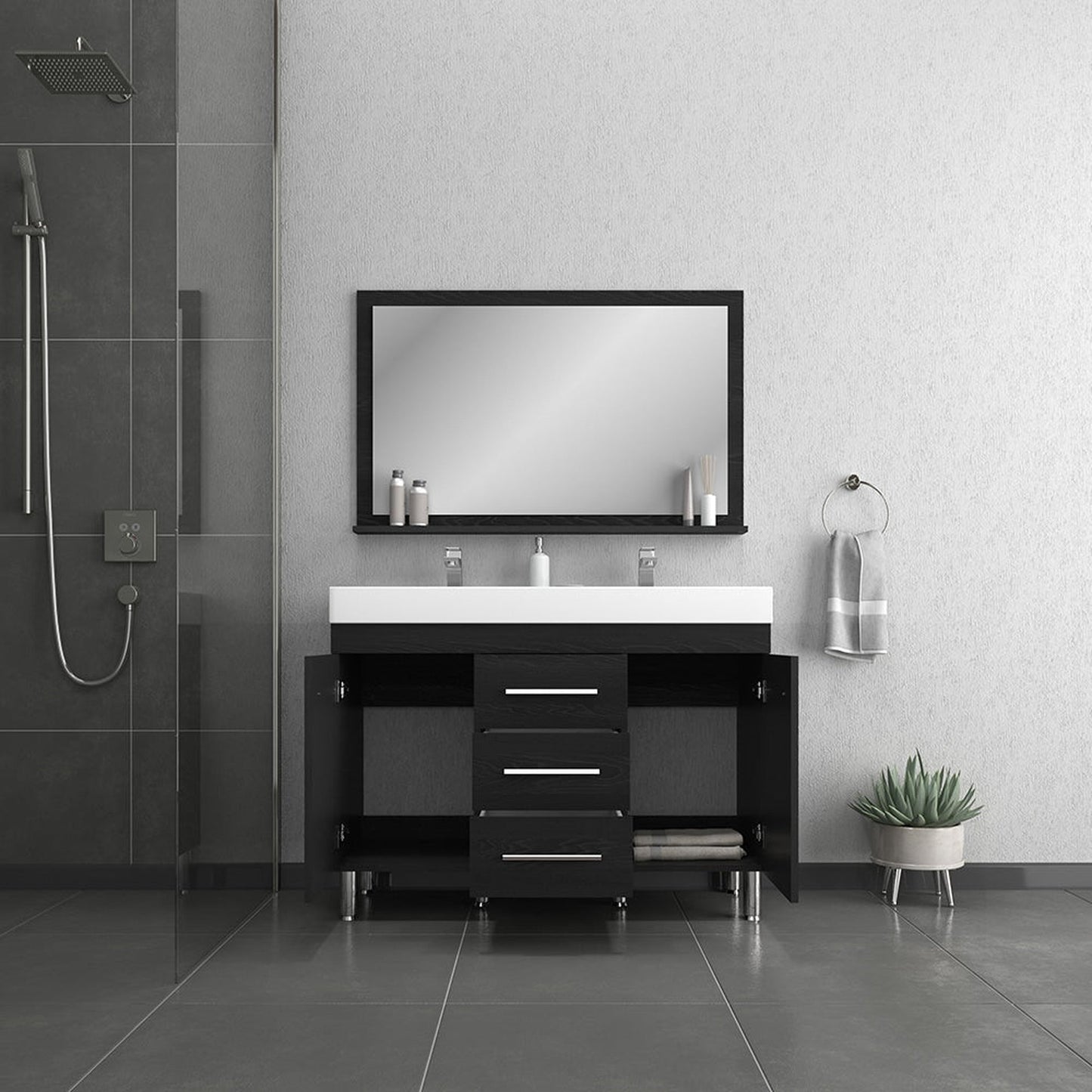 Alya Bath Ripley 48" Double Black Modern Freestanding  Bathroom Vanity With Integrated Acrylic Top, Acrylic Sink and Wall Mounted Mirror - AT-8048-B-D+AT-48-M-B