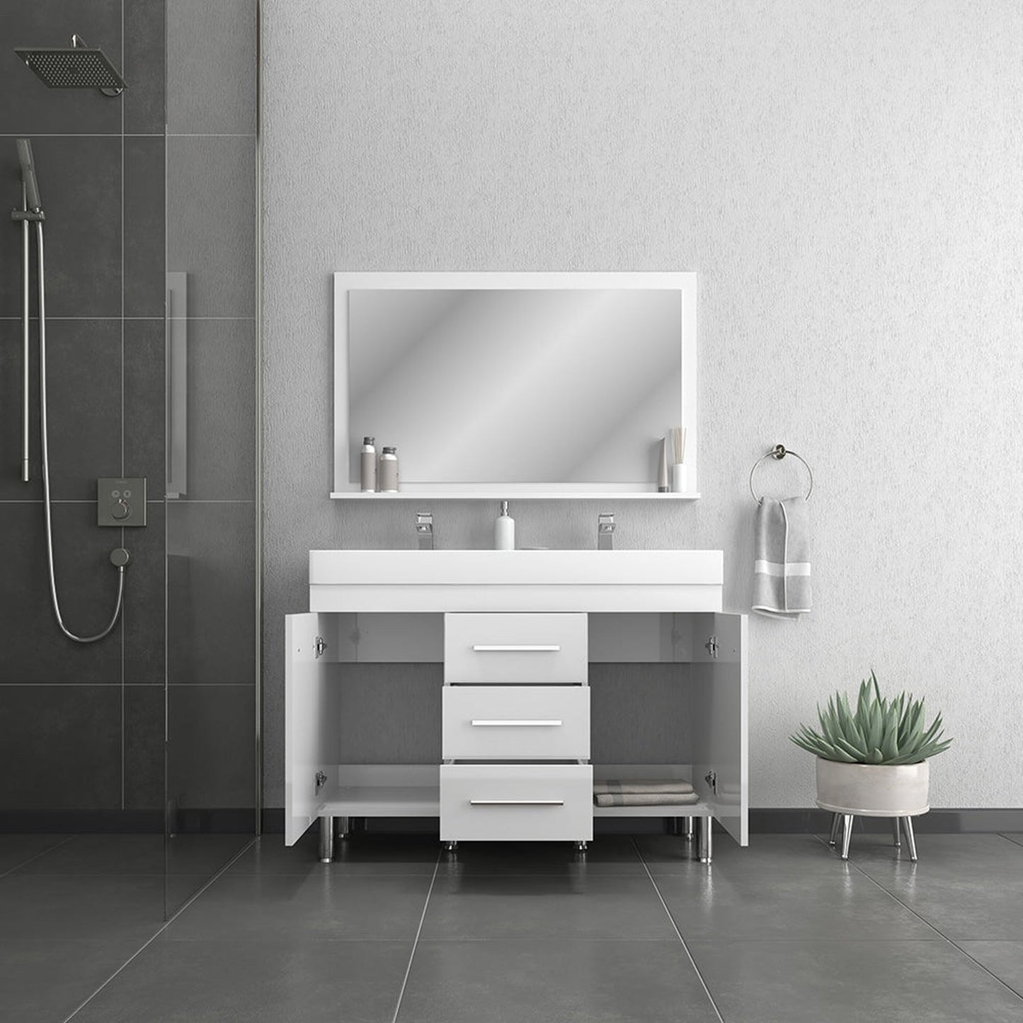 Alya Bath Ripley 48" Double White Modern Freestanding  Bathroom Vanity With Integrated Acrylic Top, Acrylic Sink and Wall Mounted Mirror - AT-8048-W-D+AT-48-M-W