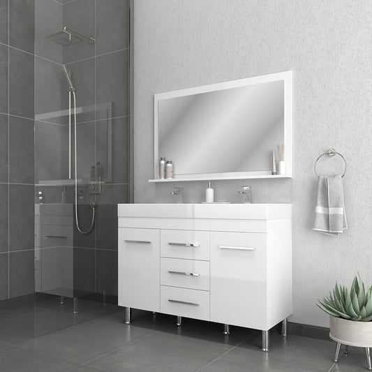 Alya Bath Ripley 48" Double White Modern Freestanding  Bathroom Vanity With Integrated Acrylic Top, Acrylic Sink and Wall Mounted Mirror - AT-8048-W-D+AT-48-M-W