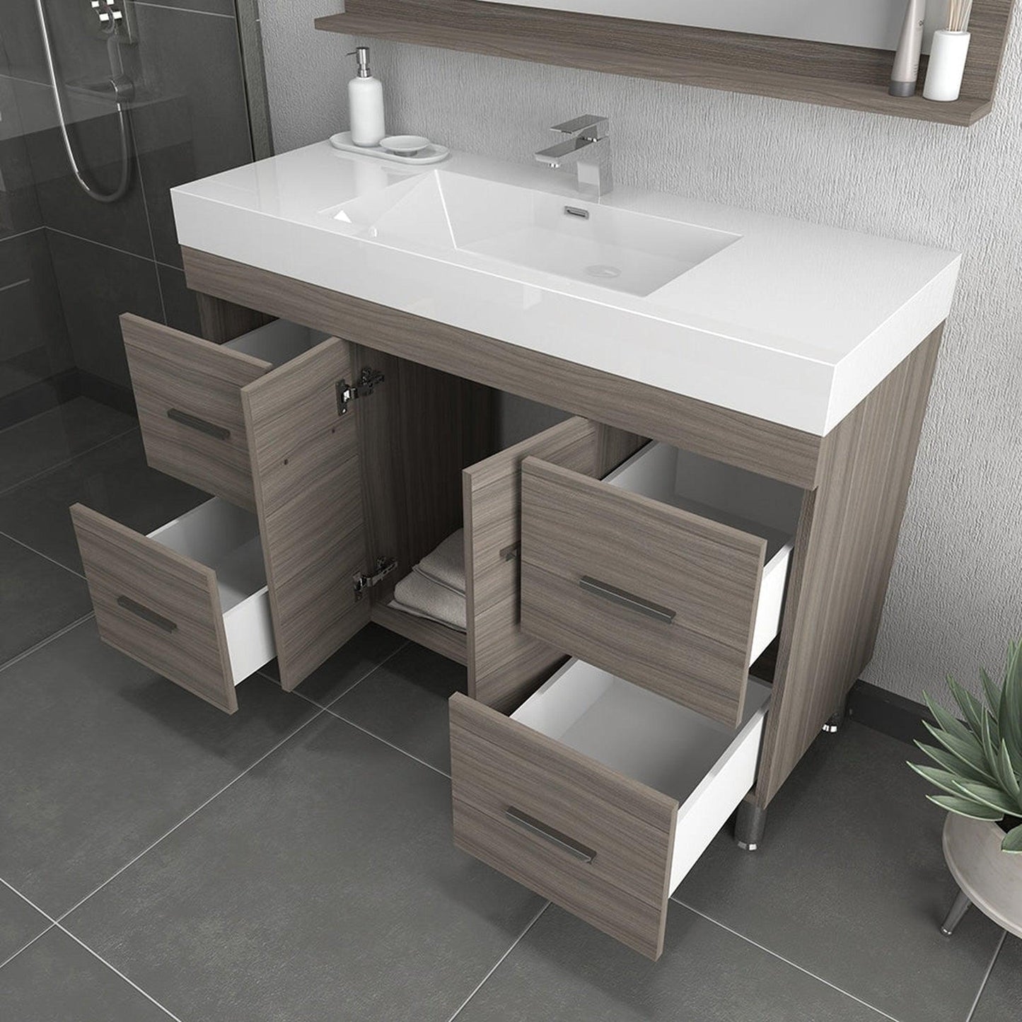 Alya Bath Ripley 48" Single Gray Modern Freestanding  Bathroom Vanity With Integrated Acrylic Top, Acrylic Sink and Wall Mounted Mirror - AT-8042-G+AT-48-M-G