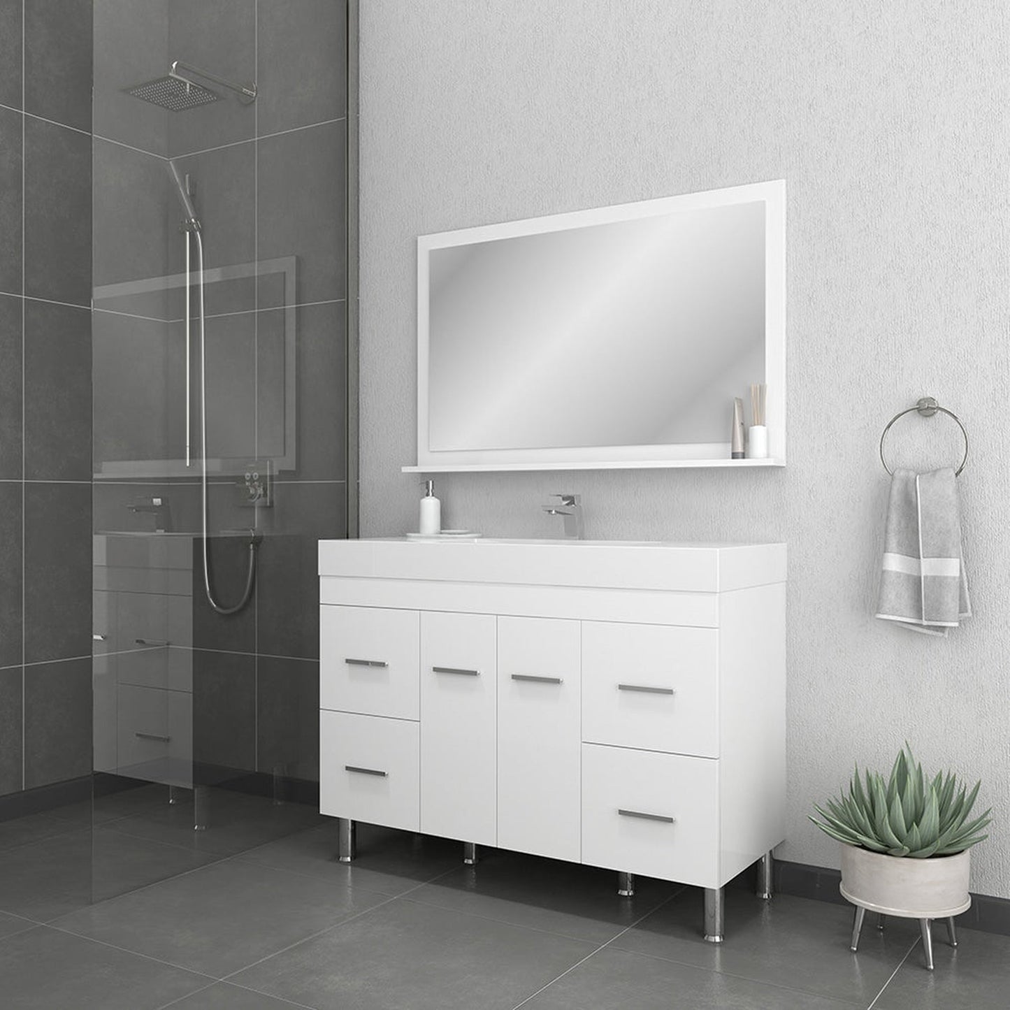 Alya Bath Ripley 48" Single White Modern Freestanding  Bathroom Vanity With Integrated Acrylic Top, Acrylic Sink and Wall Mounted Mirror - AT-8042-W+AT-48-M-W