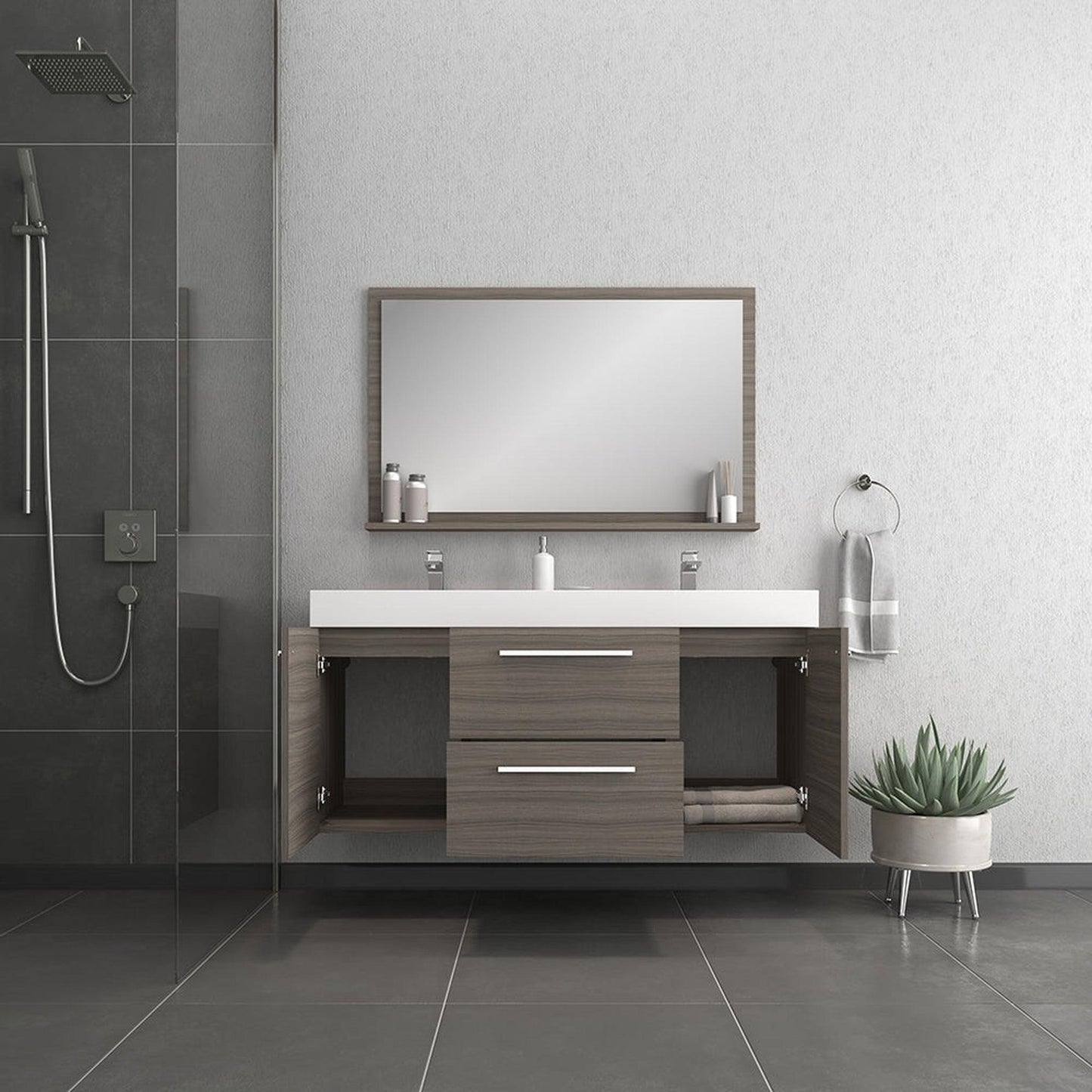 Alya Bath Ripley  54" Double Gray Modern Wall Mounted  Bathroom Vanity With Integrated Acrylic Top, Acrylic Sink and Wall Mounted Mirror - AT-8047-G-D+AT-48-M-G