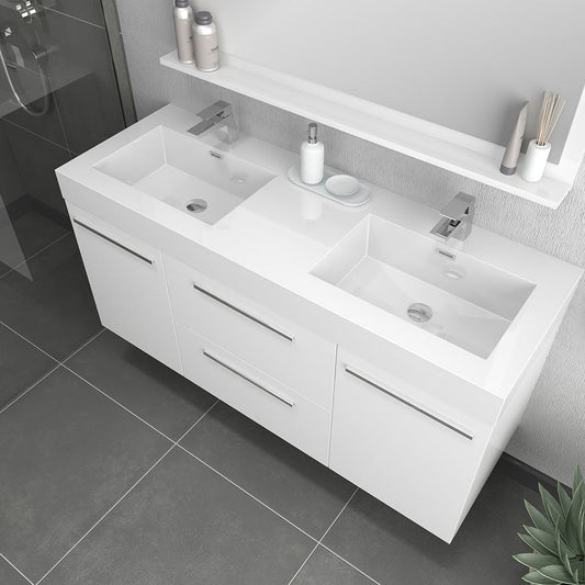 Alya Bath Ripley 54" Double White Modern Wall Mounted Bathroom Vanity With Integrated Acrylic Top, Acrylic Sink and Wall Mounted Mirror - AT-8047-W-D+AT-48-M-W