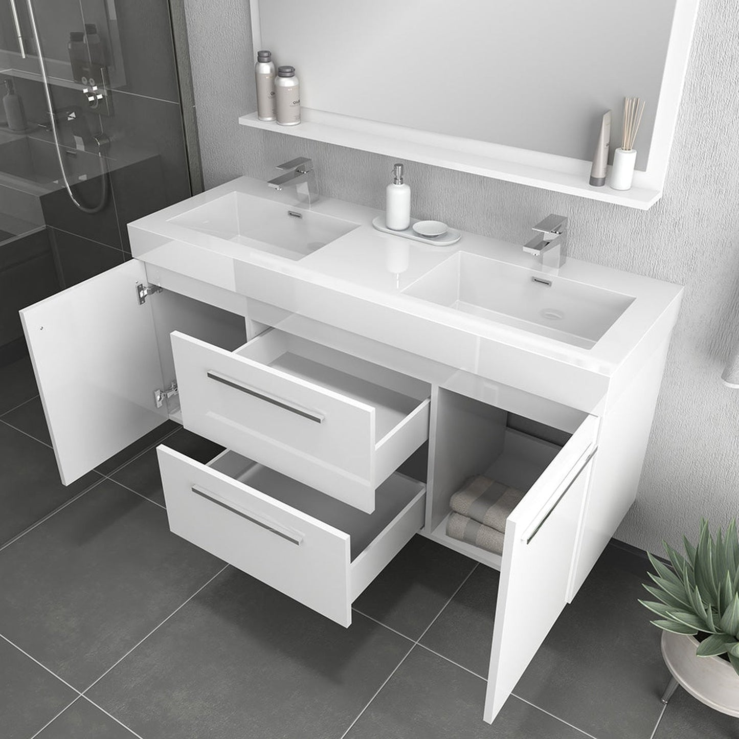 Alya Bath Ripley 54" Double White Modern Wall Mounted Bathroom Vanity With Integrated Acrylic Top, Acrylic Sink and Wall Mounted Mirror - AT-8047-W-D+AT-48-M-W