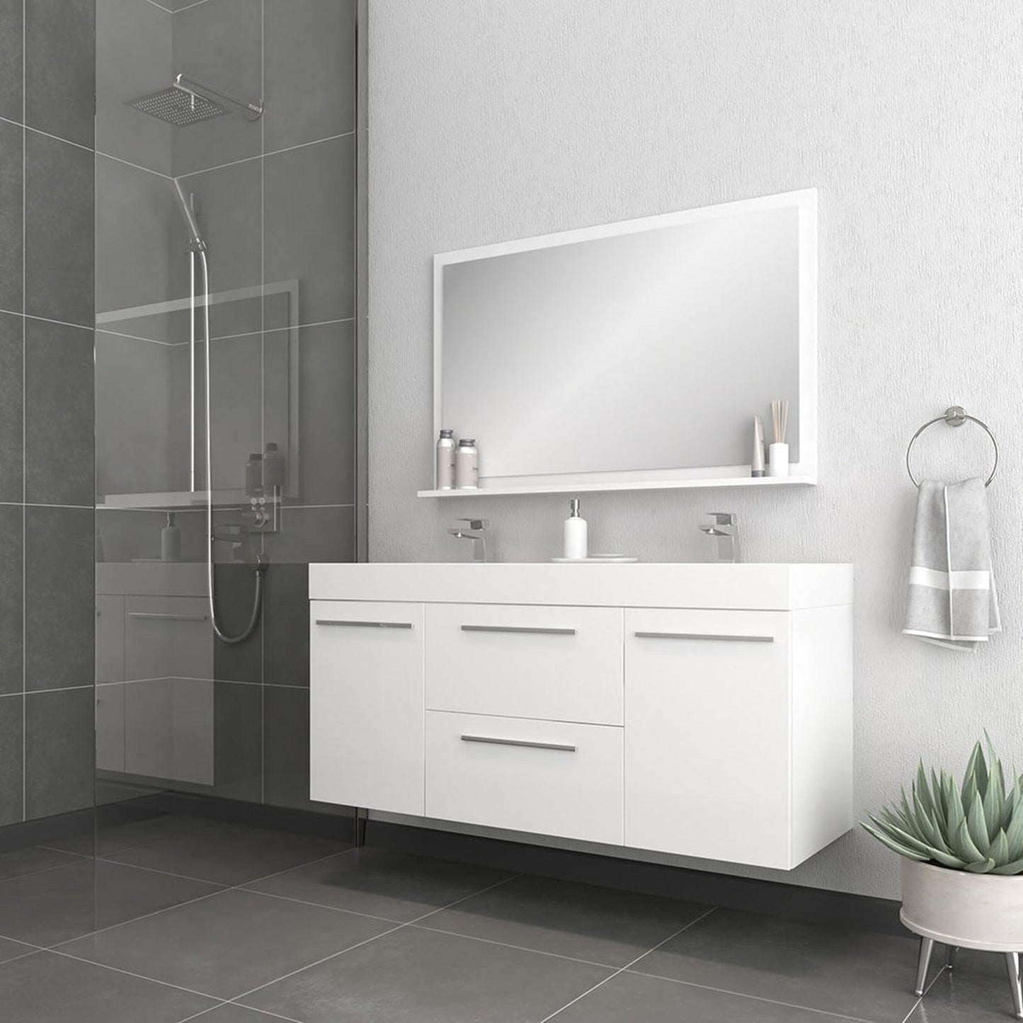 Alya Bath Ripley 54" Double White Modern Wall Mounted Bathroom Vanity With Integrated Acrylic Top, Acrylic Sink and Wall Mounted Mirror - AT-8047-W-D+AT-48-M-W