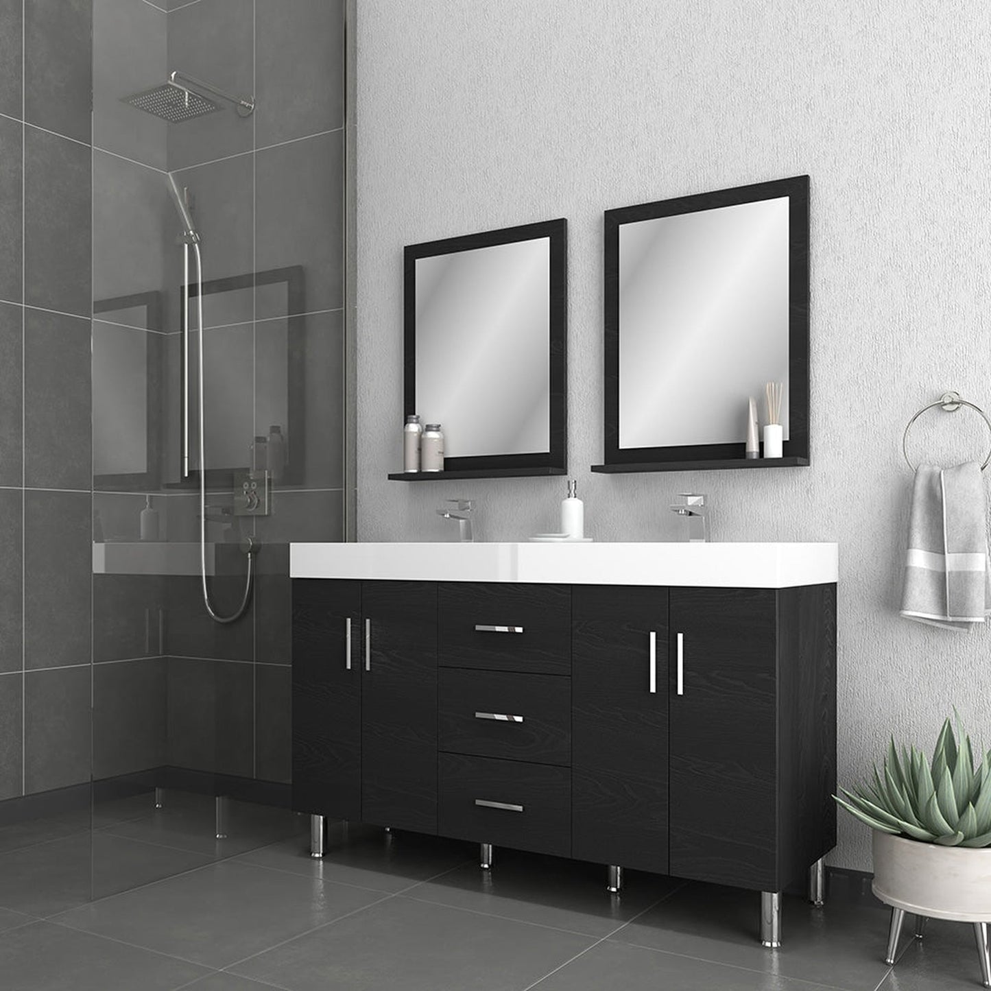 Alya Bath Ripley 56" Double Black Modern Freestanding Bathroom Vanity With Integrated Acrylic Top, Acrylic Sink and Wall Mounted Mirror - AT-8043-B-D+2x AT-24-M-B