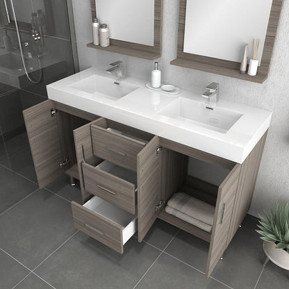 Alya Bath Ripley  56" Double Gray Modern Freestanding  Bathroom Vanity With Integrated Acrylic Top, Acrylic Sink and Wall Mounted Mirror - AT-8043-G-D+2x AT-24-M-G