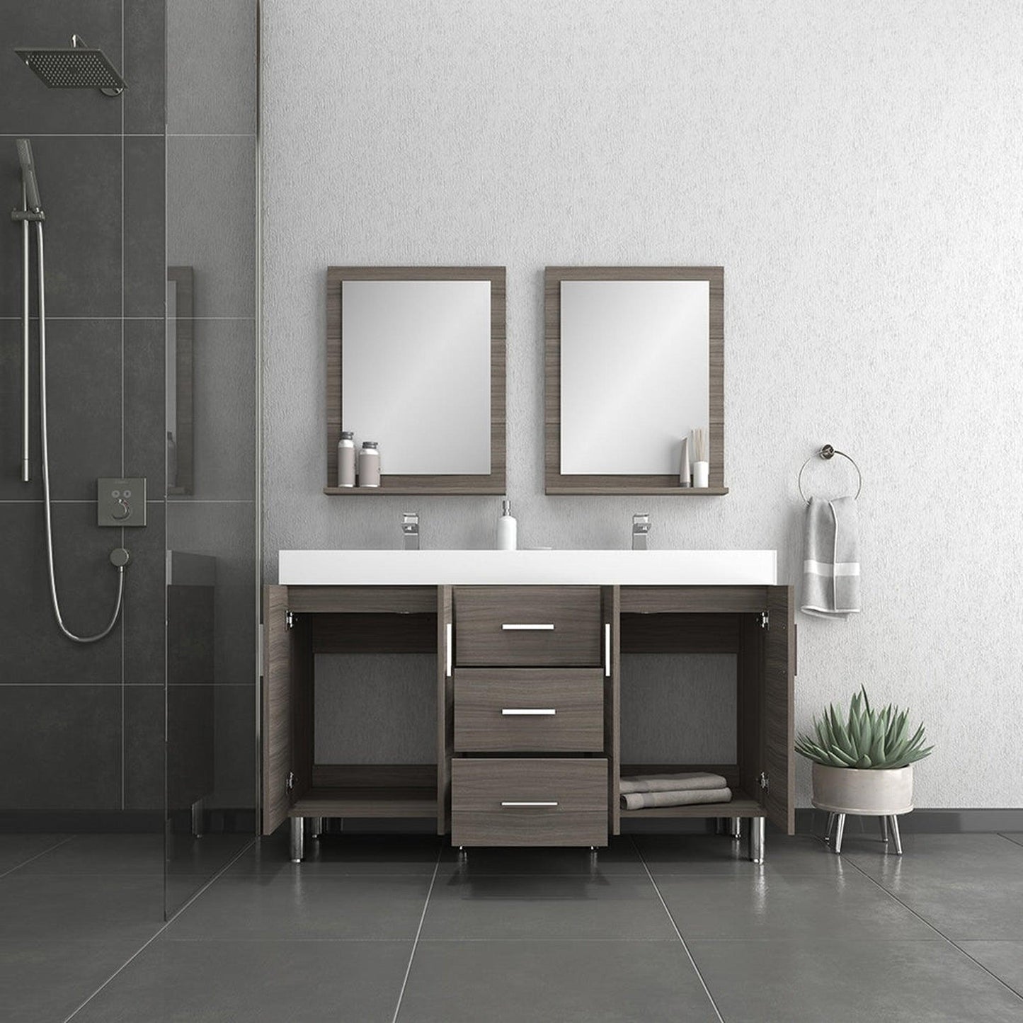 Alya Bath Ripley  56" Double Gray Modern Freestanding  Bathroom Vanity With Integrated Acrylic Top, Acrylic Sink and Wall Mounted Mirror - AT-8043-G-D+2x AT-24-M-G