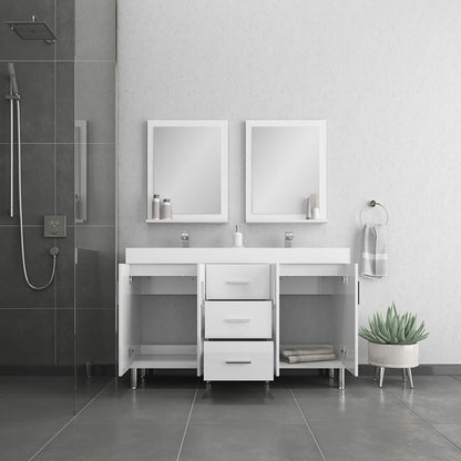 Alya Bath Ripley 56" Double White Modern Freestanding Double Bathroom Vanity With Integrated Acrylic Top, Acrylic Sink and Wall Mounted Mirror - AT-8043-W-D+2x AT-24-M-W