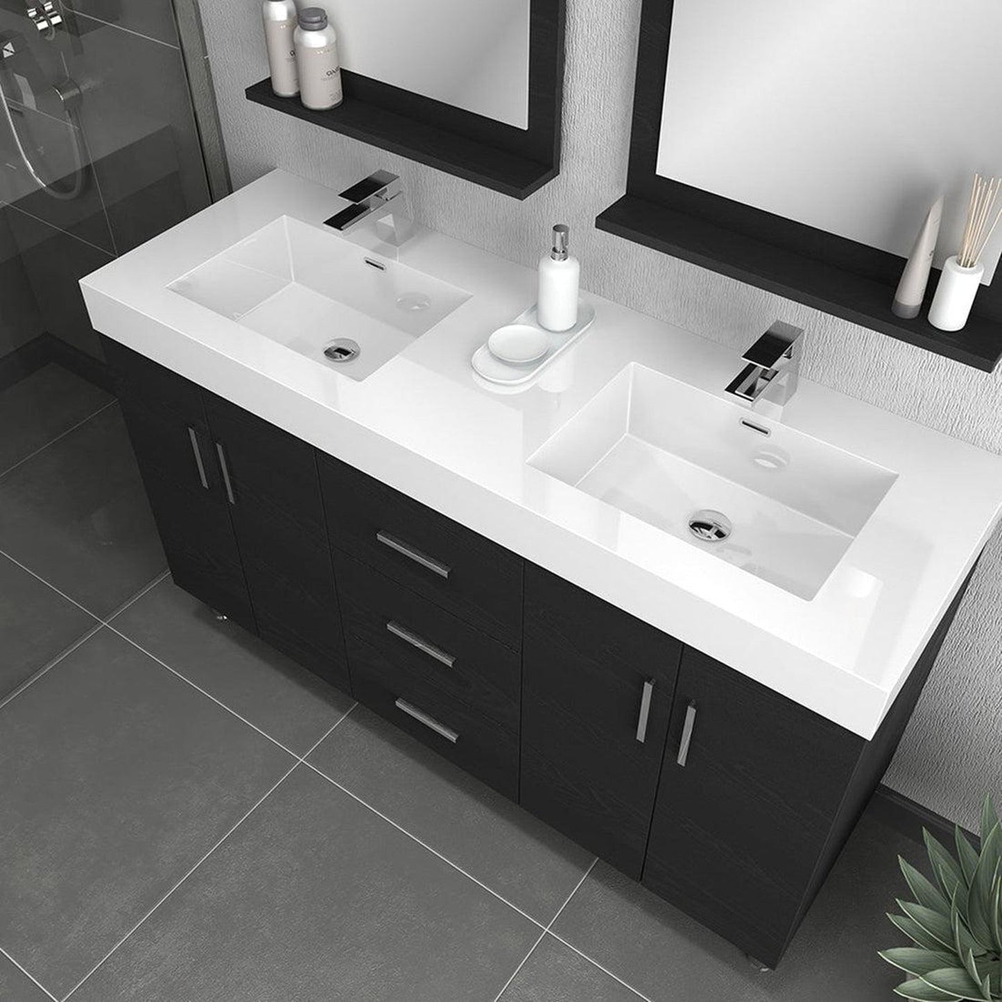 Alya Bath Ripley 60" Double Black Modern Freestanding Bathroom Vanity With Integrated Acrylic Top, Acrylic Sink and Wall Mounted Mirror - AT-8043-B-60+2x AT-24-M-B