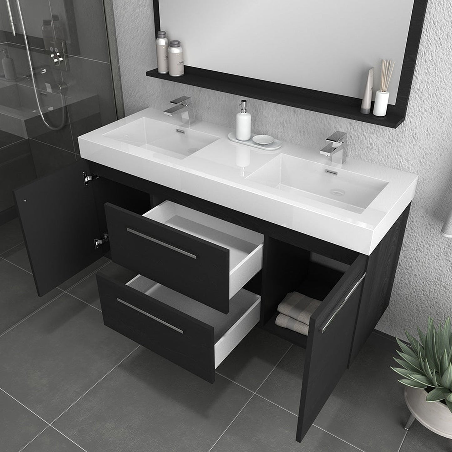 Alya Bath Ripley 60" Double Black Modern Wall Mounted Bathroom Vanity With Integrated Acrylic Top, Acrylic Sink and Wall Mounted Mirror - AT-8047-B-60+AT-48-M-B