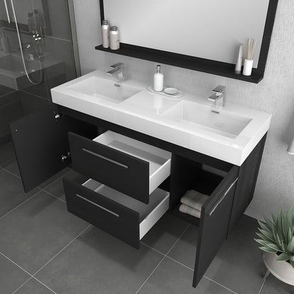 Alya Bath Ripley 60" Double Black Modern Wall Mounted Bathroom Vanity With Integrated Acrylic Top, Acrylic Sink and Wall Mounted Mirror - AT-8047-B-60+AT-48-M-B