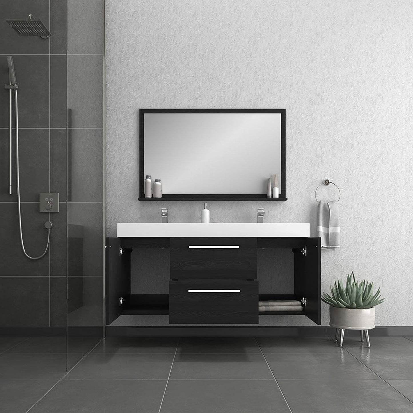 Alya Bath Ripley 60" Double Black Modern Wall Mounted Bathroom Vanity With Integrated Acrylic Top, Acrylic Sink and Wall Mounted Mirror - AT-8047-B-60+AT-48-M-B
