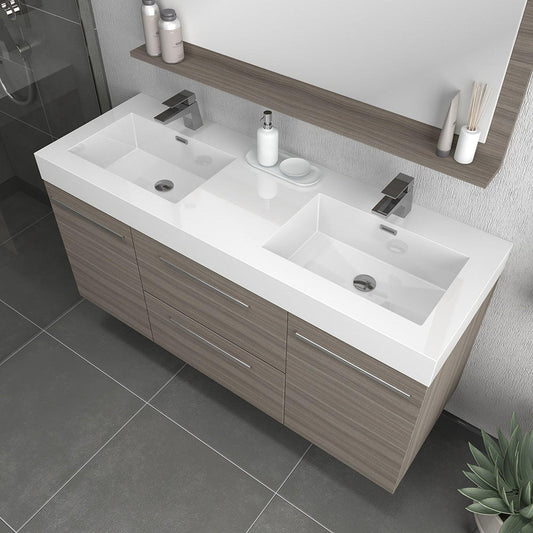 Alya Bath Ripley 60" Double Gray Modern Wall Mounted Bathroom Vanity With Integrated Acrylic Top, Acrylic Sink and Wall Mounted Mirror - AT-8047-G-60+AT-48-M-G