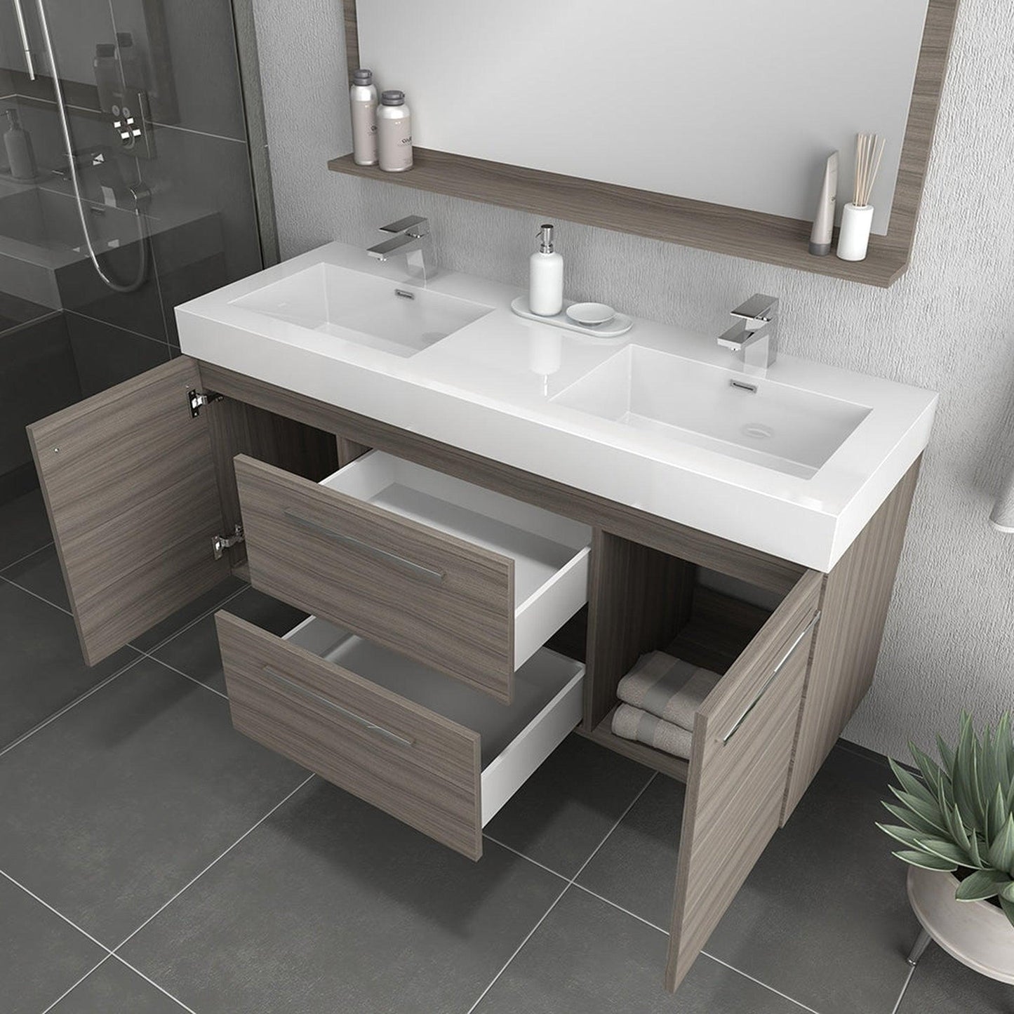 Alya Bath Ripley 60" Double Gray Modern Wall Mounted Bathroom Vanity With Integrated Acrylic Top, Acrylic Sink and Wall Mounted Mirror - AT-8047-G-60+AT-48-M-G