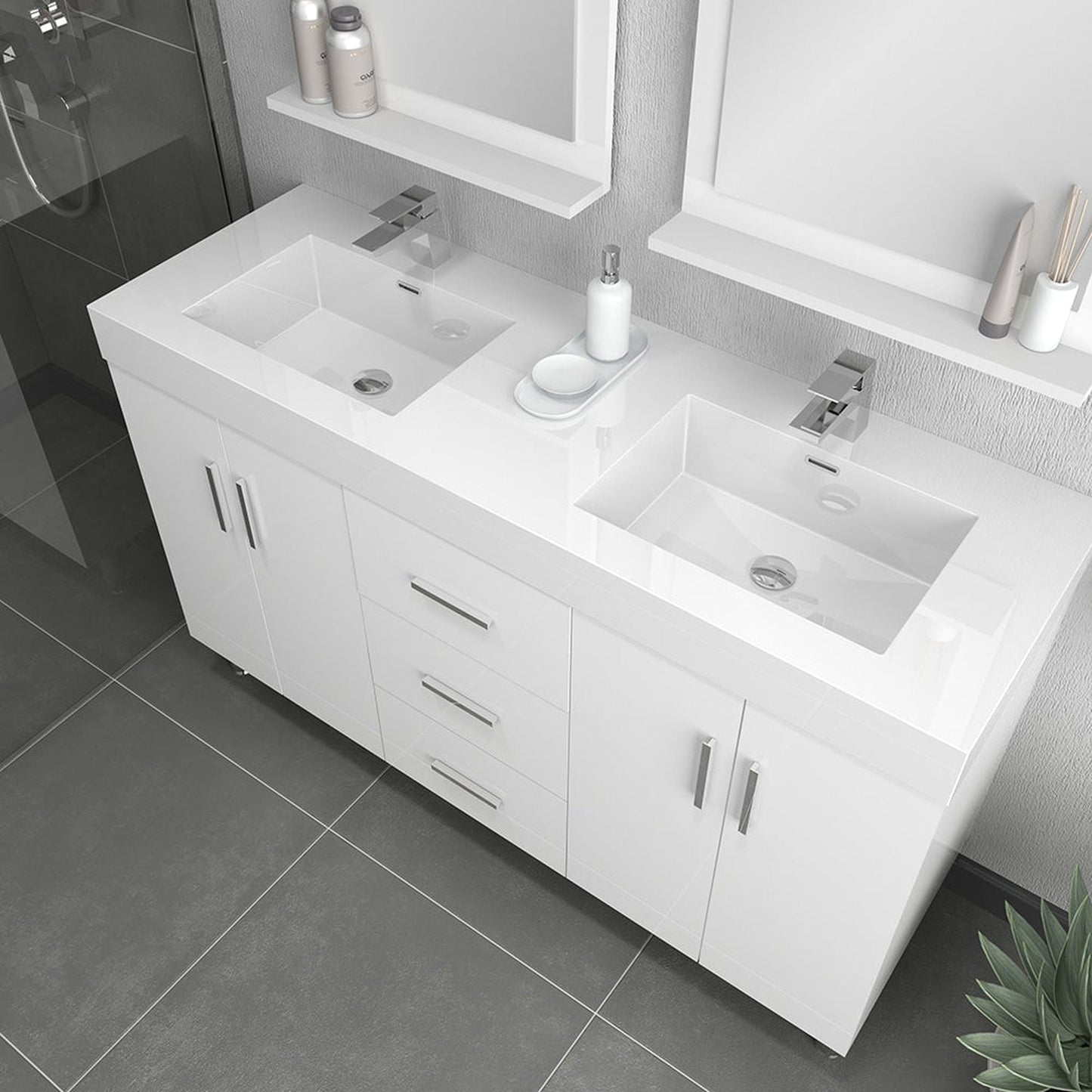 Alya Bath Ripley 60" Double White Modern Freestanding Double Bathroom Vanity With Integrated Acrylic Top, Acrylic Sink and Wall Mounted Mirror - AT-8043-W-60+2x AT-24-M-W
