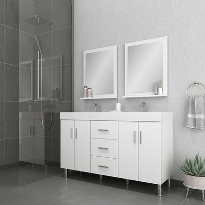 Alya Bath Ripley 60" Double White Modern Freestanding Double Bathroom Vanity With Integrated Acrylic Top, Acrylic Sink and Wall Mounted Mirror - AT-8043-W-60+2x AT-24-M-W