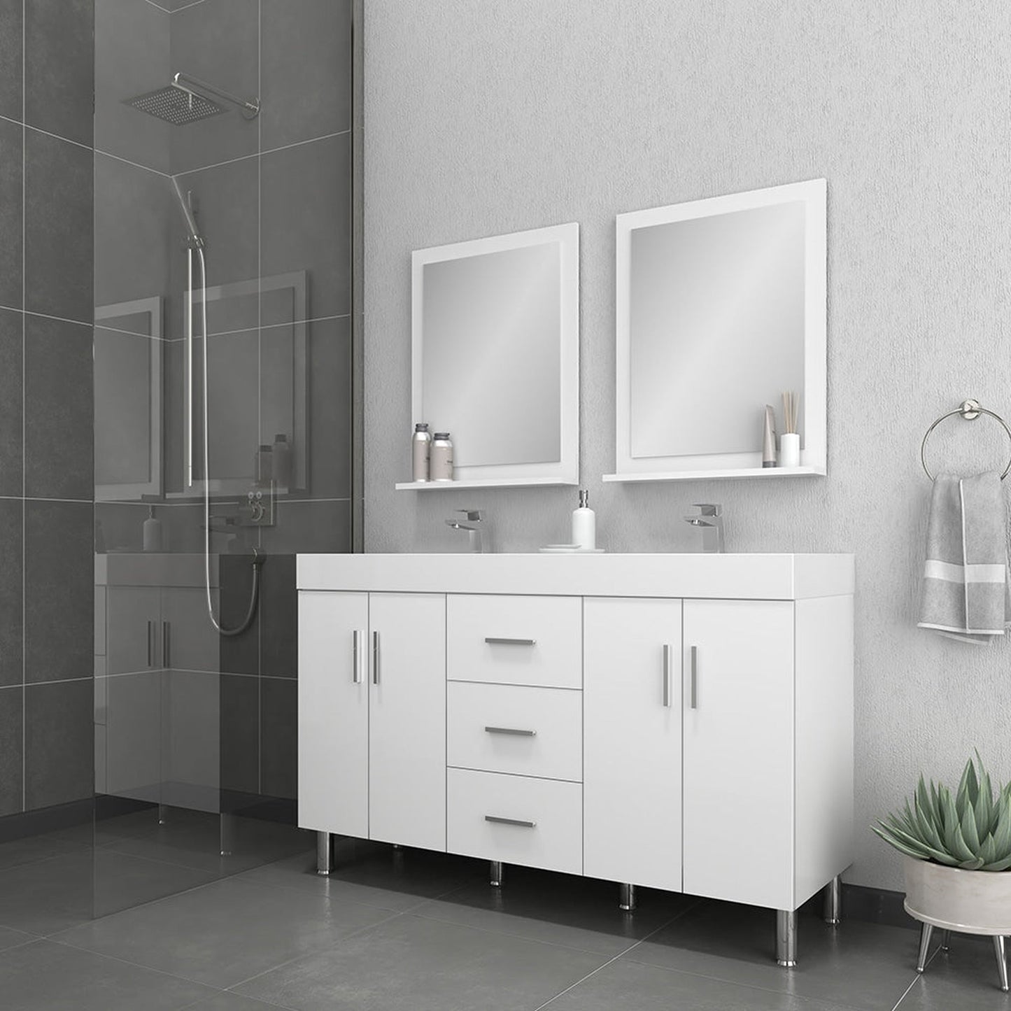 Alya Bath Ripley 60" Double White Modern Freestanding Double Bathroom Vanity With Integrated Acrylic Top, Acrylic Sink and Wall Mounted Mirror - AT-8043-W-60+2x AT-24-M-W